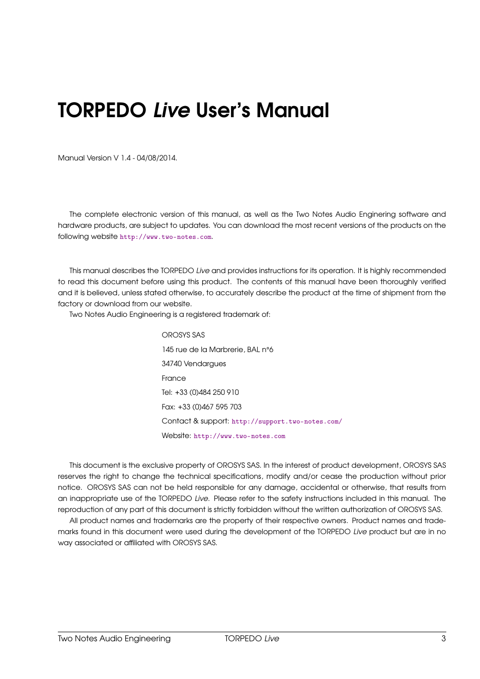 Torpedo live user’s manual | Two Notes Live User Manual | Page 3 / 37