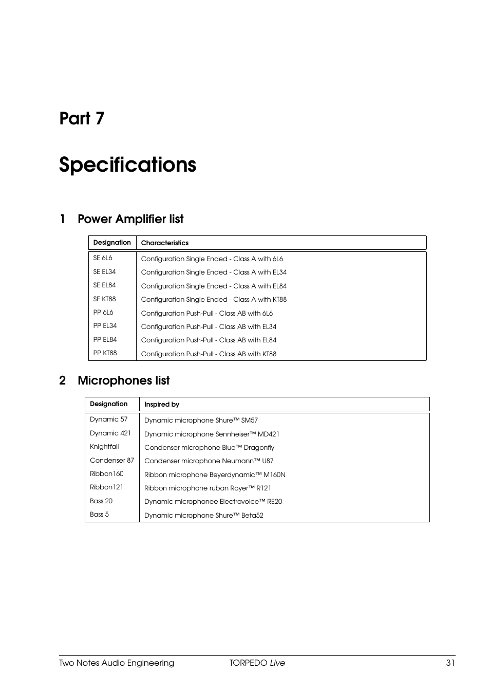 Specifications, Power amplifier list, Microphones list | 7 specifications, Part 7, 1power amplifier list, 2microphones list | Two Notes Live User Manual | Page 31 / 37