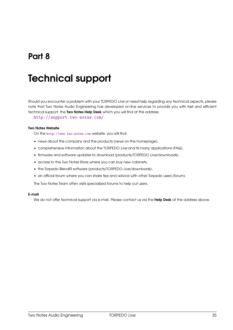 Technical support, 8 technical support, Part 8 | Two Notes Live User Manual | Page 35 / 37