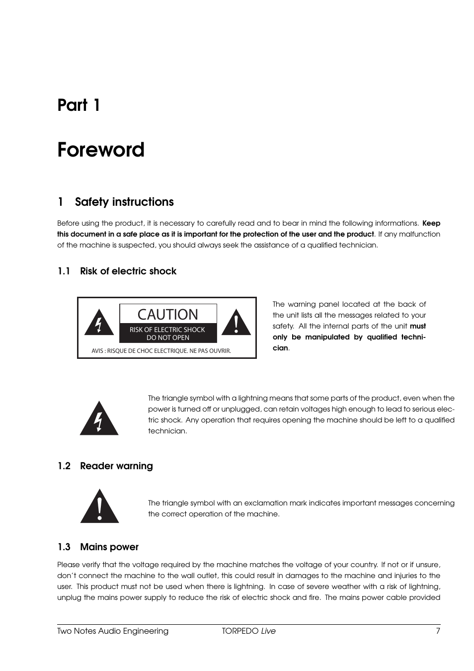 Foreword, Safety instructions, Risk of electric shock | Reader warning, Mains power, 1 foreword, Part 1, Caution, 1safety instructions | Two Notes Live User Manual | Page 7 / 37