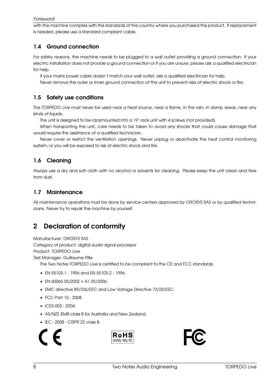 Ground connection, Safety use conditions, Cleaning | Maintenance, Declaration of conformity, 2declaration of conformity, 4 ground connection, 5 safety use conditions, 6 cleaning, 7 maintenance | Two Notes Live User Manual | Page 8 / 37