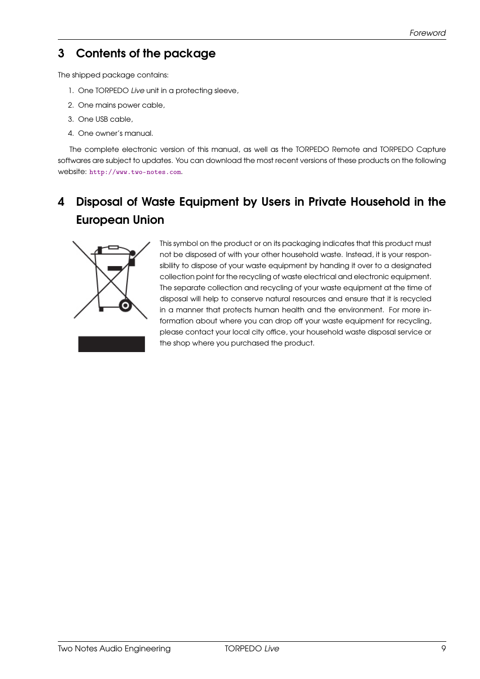 Contents of the package, 3contents of the package | Two Notes Live User Manual | Page 9 / 37