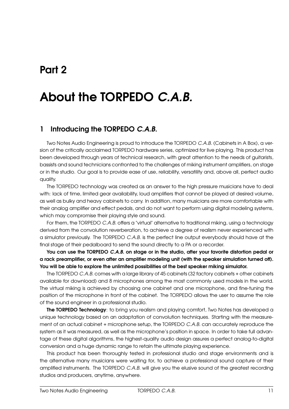 About the torpedo c.a.b, Introducing the torpedo c.a.b, 2 about the torpedo c.a.b | Part 2, 1introducing the torpedo c.a.b | Two Notes C.A.B. User Manual | Page 11 / 35