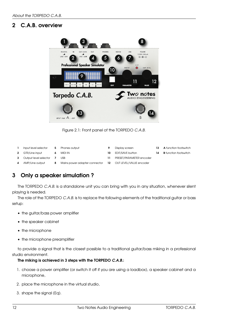 C.a.b. overview, Only a speaker simulation, 2c.a.b. overview | 3only a speaker simulation | Two Notes C.A.B. User Manual | Page 12 / 35