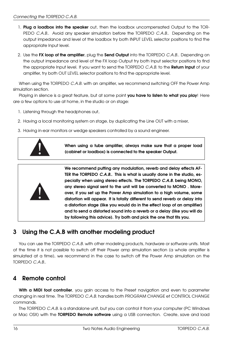 Using the c.a.b with another modeling product, Remote control, 3using the c.a.b with another modeling product | 4remote control | Two Notes C.A.B. User Manual | Page 16 / 35