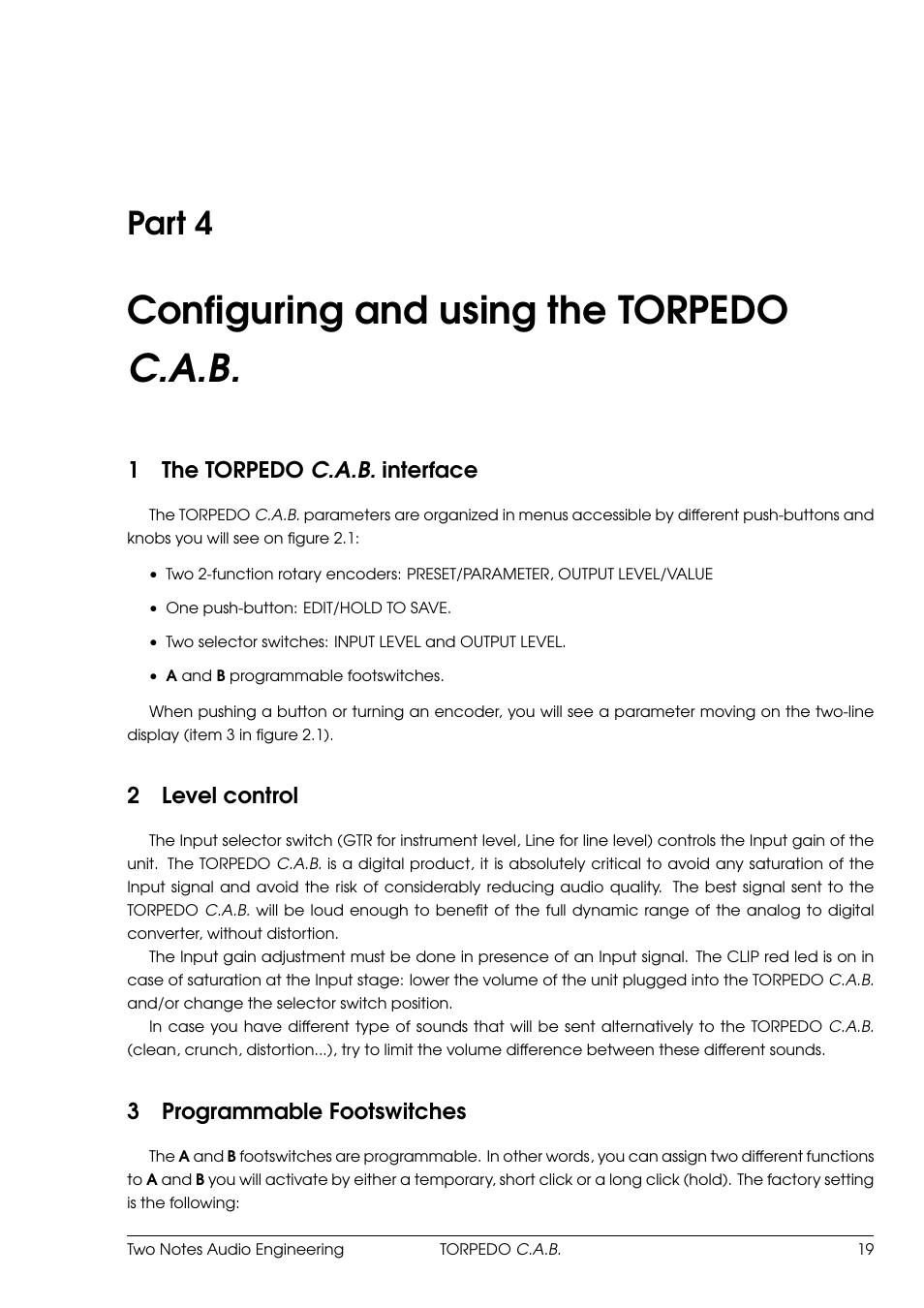 Configuring and using the torpedo c.a.b, The torpedo c.a.b. interface, Level control | Programmable footswitches, 4 configuring and using the torpedo c.a.b, Part 4, 1the torpedo c.a.b. interface, 2level control, 3programmable footswitches | Two Notes C.A.B. User Manual | Page 19 / 35