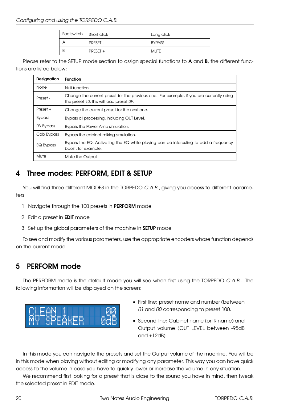 Three modes: perform, edit & setup, Perform mode, 4three modes: perform, edit & setup | 5perform mode | Two Notes C.A.B. User Manual | Page 20 / 35