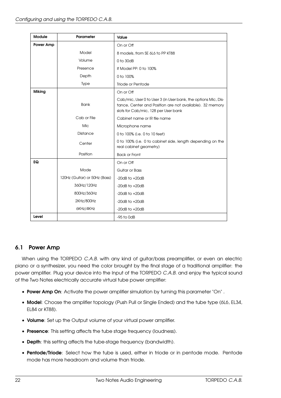 Power amp, 1 power amp | Two Notes C.A.B. User Manual | Page 22 / 35