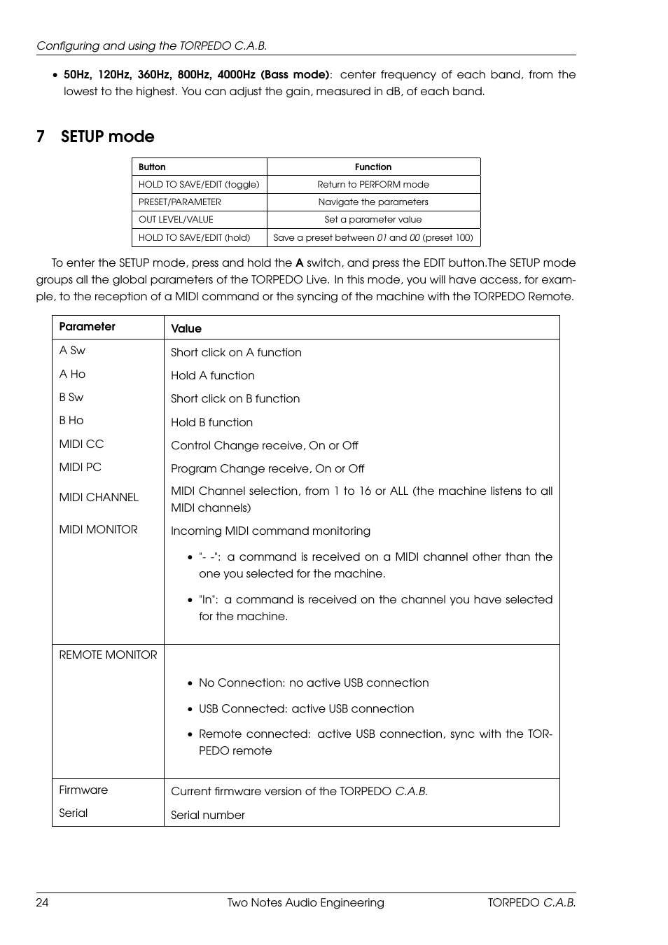 Setup mode, 7setup mode | Two Notes C.A.B. User Manual | Page 24 / 35