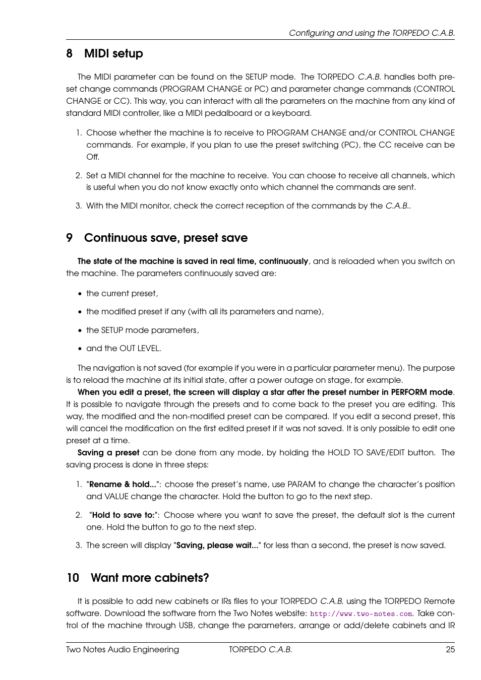 Midi setup, Continuous save, preset save, Want more cabinets | 8midi setup, 9continuous save, preset save, 10 want more cabinets | Two Notes C.A.B. User Manual | Page 25 / 35