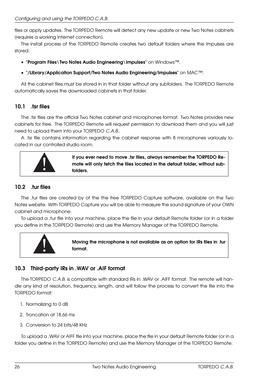 Tsr files, Tur files, Third-party irs in .wav or .aif format | Two Notes C.A.B. User Manual | Page 26 / 35