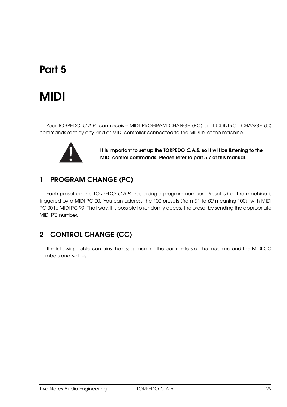 Midi, Program change (pc), Control change (cc) | 5 midi, Part 5, 1program change (pc), 2control change (cc) | Two Notes C.A.B. User Manual | Page 29 / 35