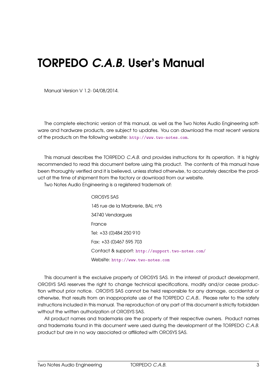 Torpedo c.a.b. user’s manual | Two Notes C.A.B. User Manual | Page 3 / 35