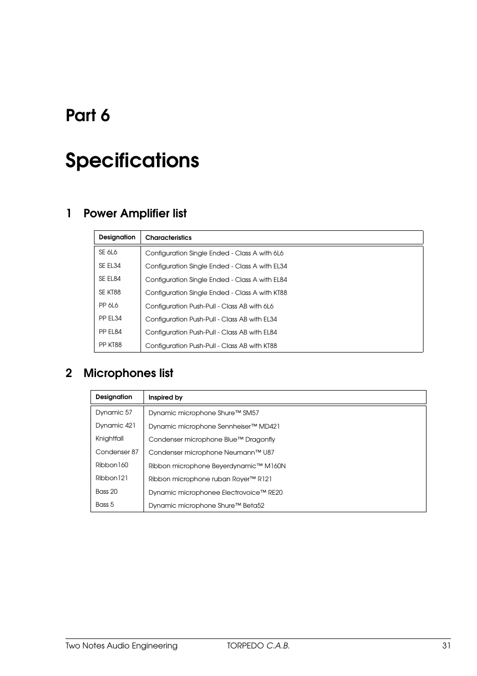 Specifications, Power amplifier list, Microphones list | 6 specifications, Part 6, 1power amplifier list, 2microphones list | Two Notes C.A.B. User Manual | Page 31 / 35