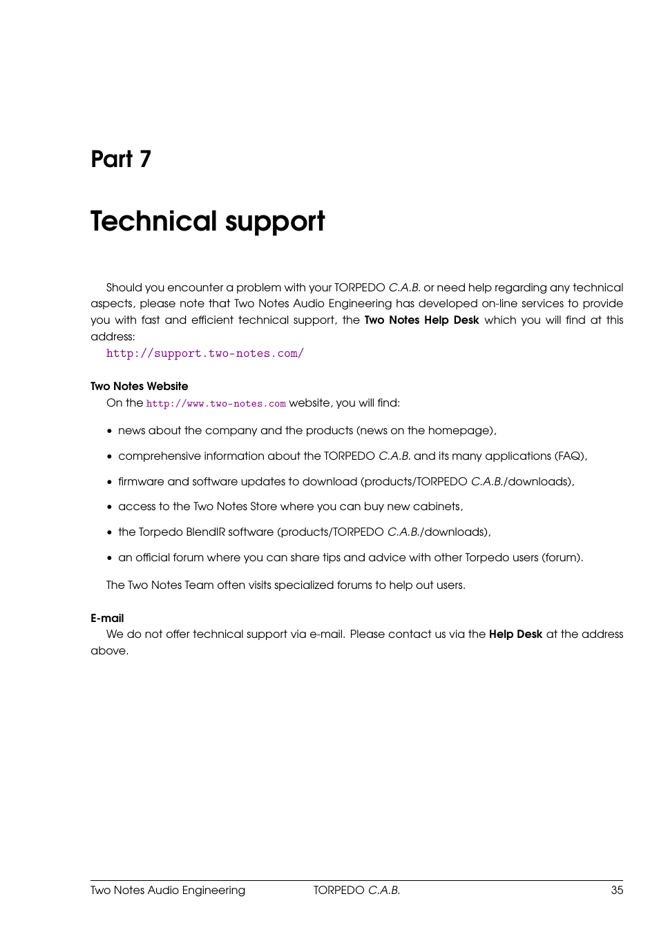 Technical support, 7 technical support, Part 7 | Two Notes C.A.B. User Manual | Page 35 / 35