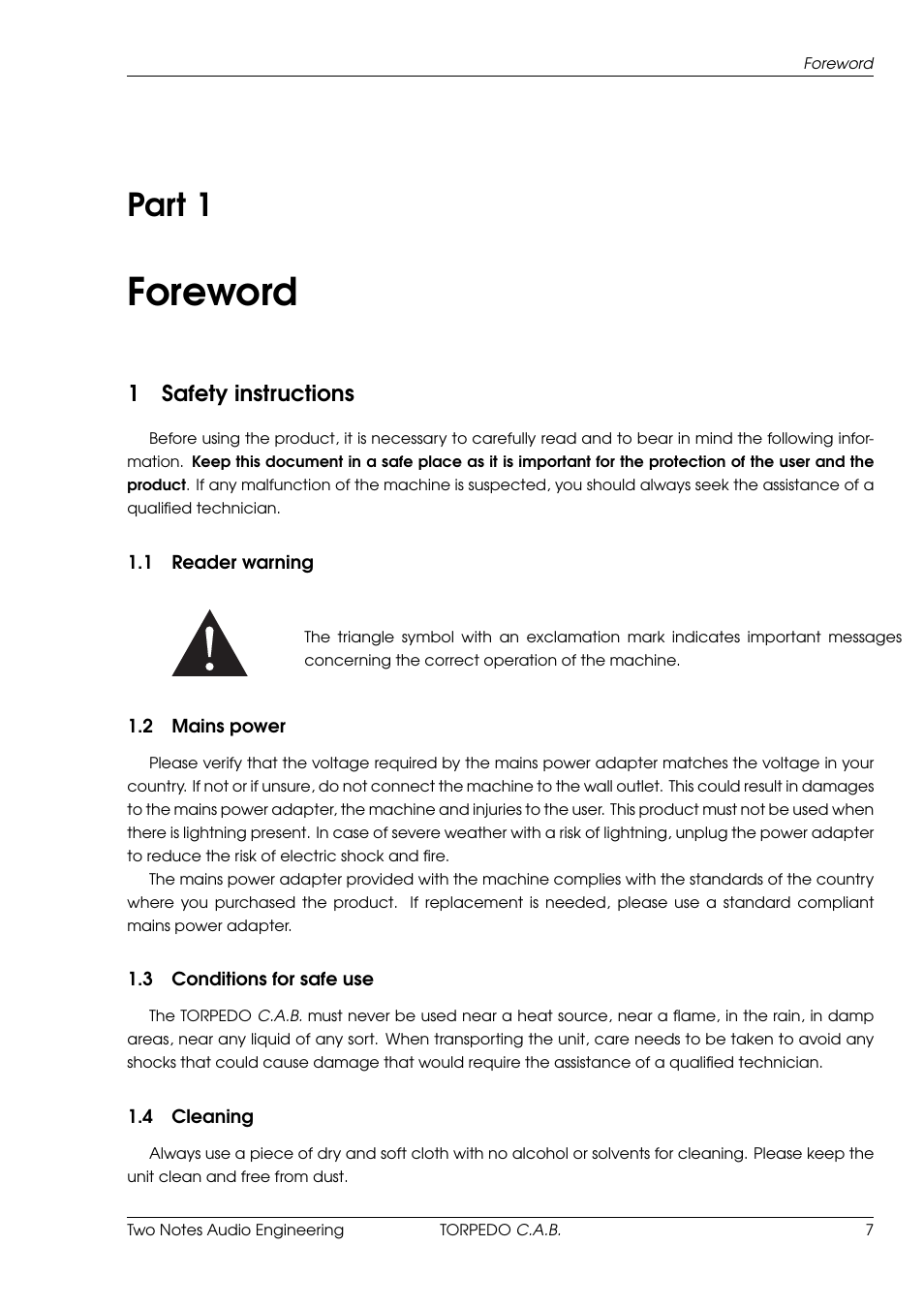 Foreword, Safety instructions, Reader warning | Mains power, Conditions for safe use, Cleaning, 1 foreword, Part 1, 1safety instructions | Two Notes C.A.B. User Manual | Page 7 / 35