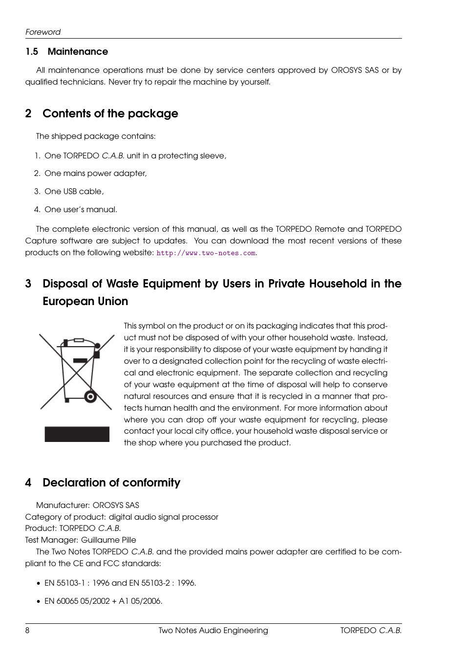 Maintenance, Contents of the package, Declaration of conformity | 2contents of the package, 4declaration of conformity | Two Notes C.A.B. User Manual | Page 8 / 35