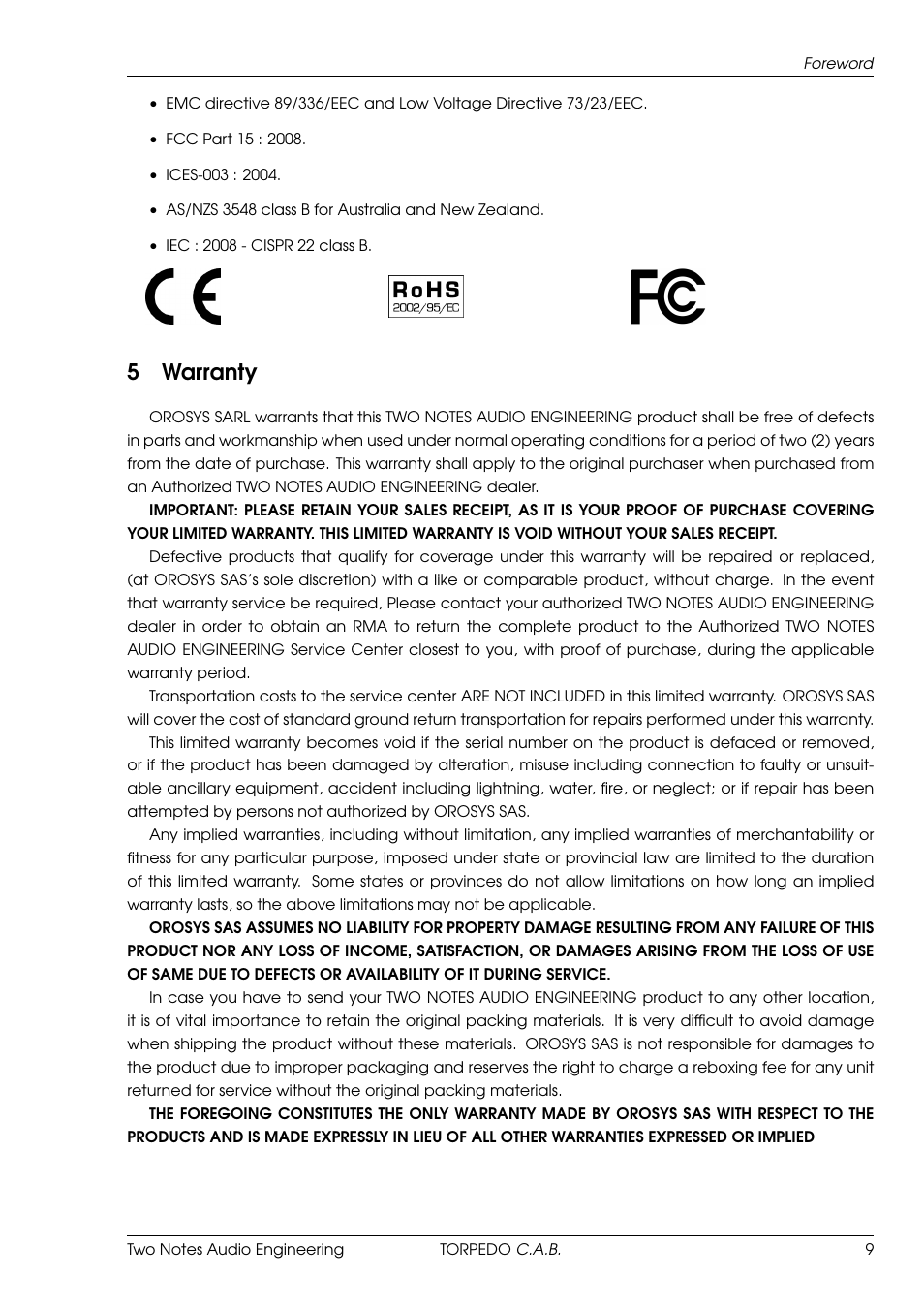 Warranty, 5warranty | Two Notes C.A.B. User Manual | Page 9 / 35