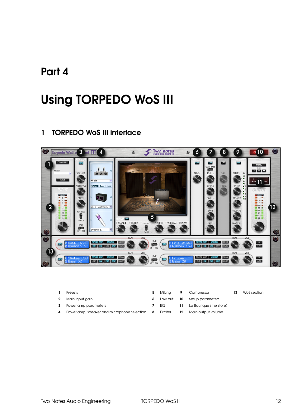 Using torpedo wos iii, Torpedo wos iii interface, 4 using torpedo wos iii | Part 4, 1torpedo wos iii interface | Two Notes Wall of Sound III User Manual | Page 13 / 28