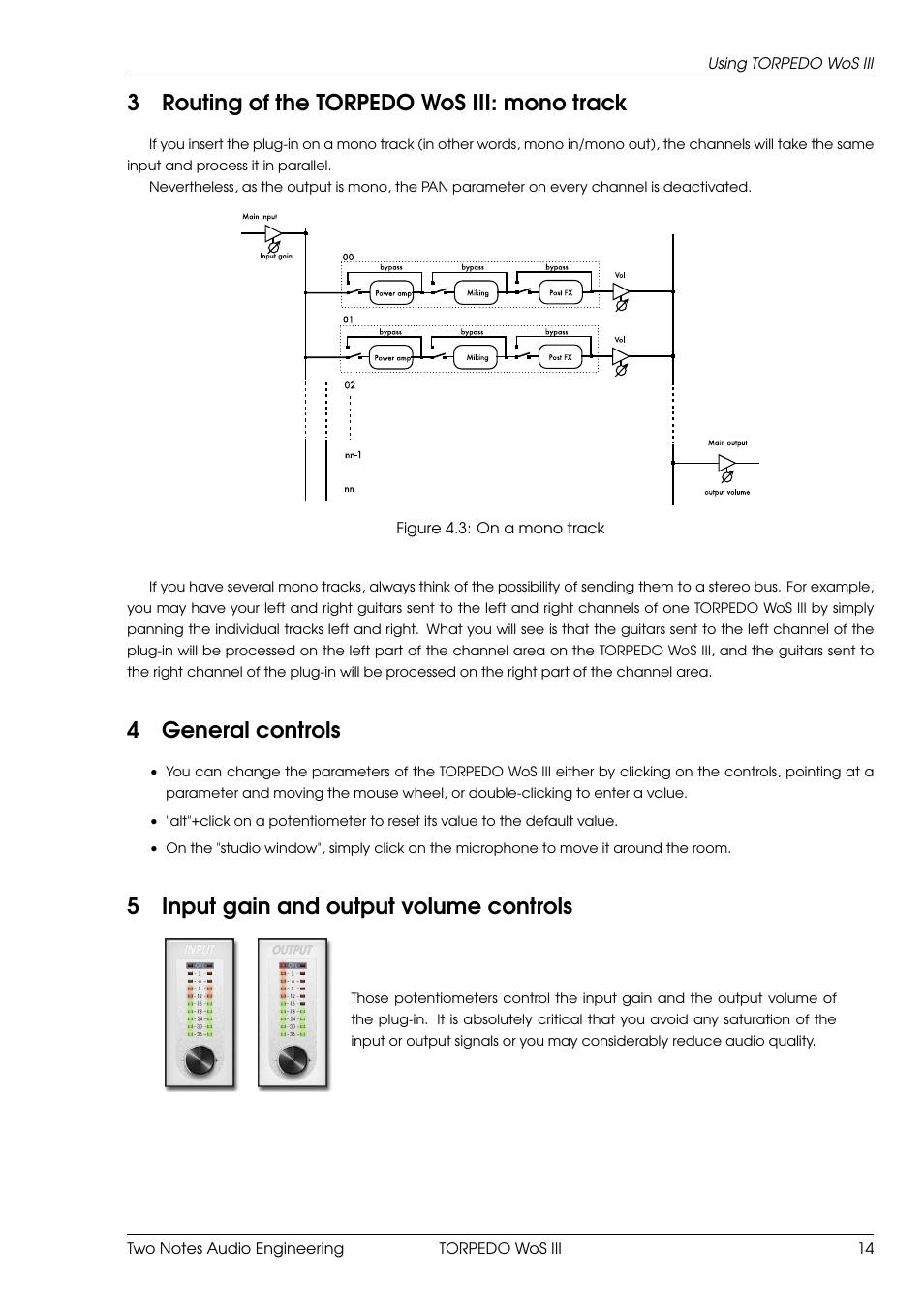 Routing of the torpedo wos iii: mono track, General controls, Input gain and output volume controls | 3routing of the torpedo wos iii: mono track, 4general controls, 5input gain and output volume controls | Two Notes Wall of Sound III User Manual | Page 15 / 28