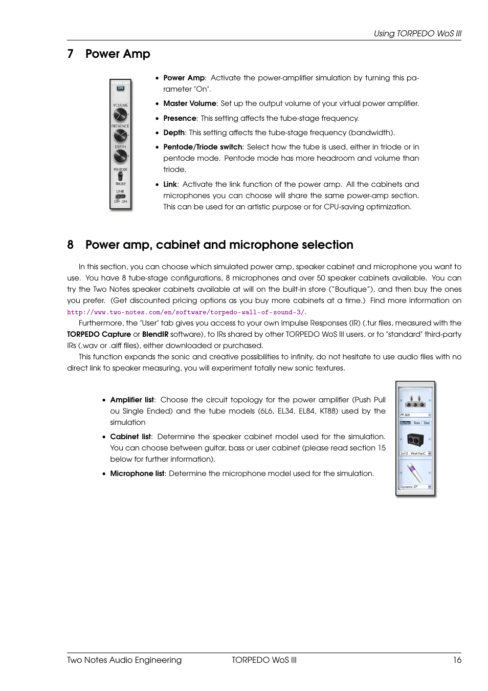 Power amp, Power amp, cabinet and microphone selection, 7power amp | 8power amp, cabinet and microphone selection | Two Notes Wall of Sound III User Manual | Page 17 / 28