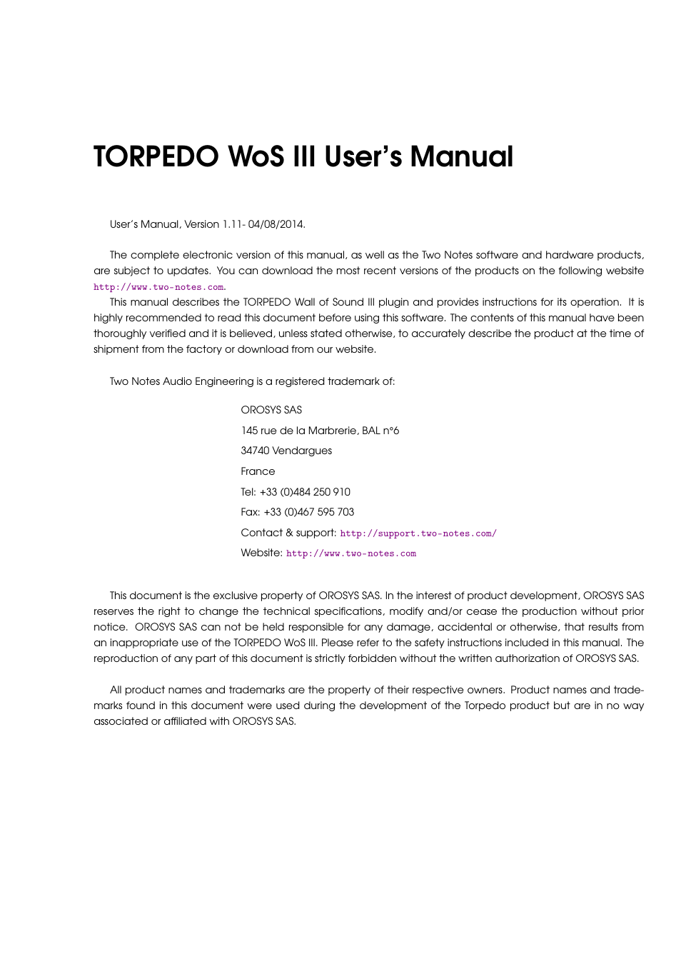 Torpedo wos iii user’s manual | Two Notes Wall of Sound III User Manual | Page 2 / 28