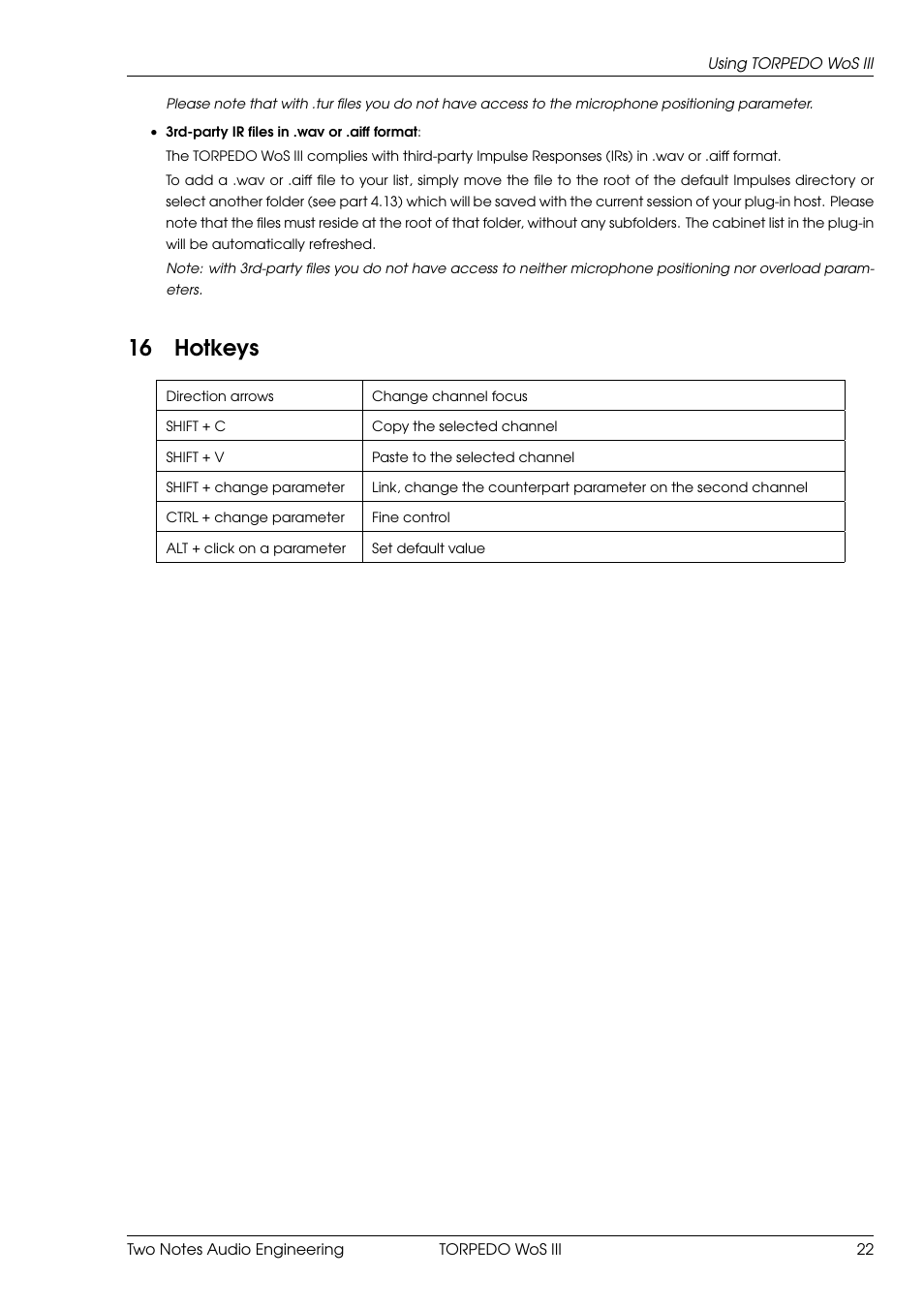 Hotkeys, 16 hotkeys | Two Notes Wall of Sound III User Manual | Page 23 / 28