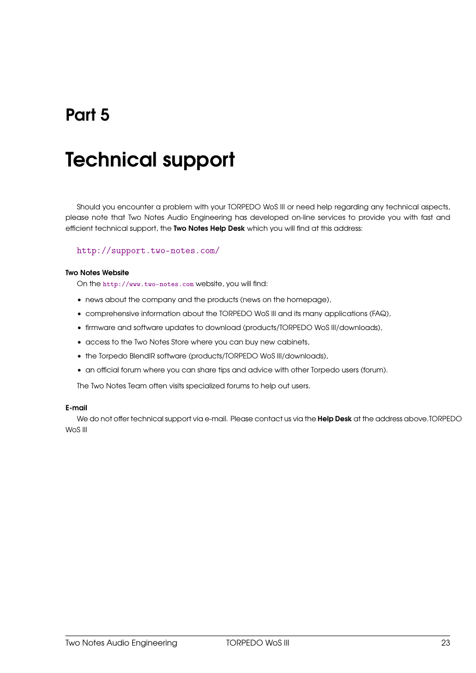 Technical support, 5 technical support, Part 5 | Two Notes Wall of Sound III User Manual | Page 24 / 28