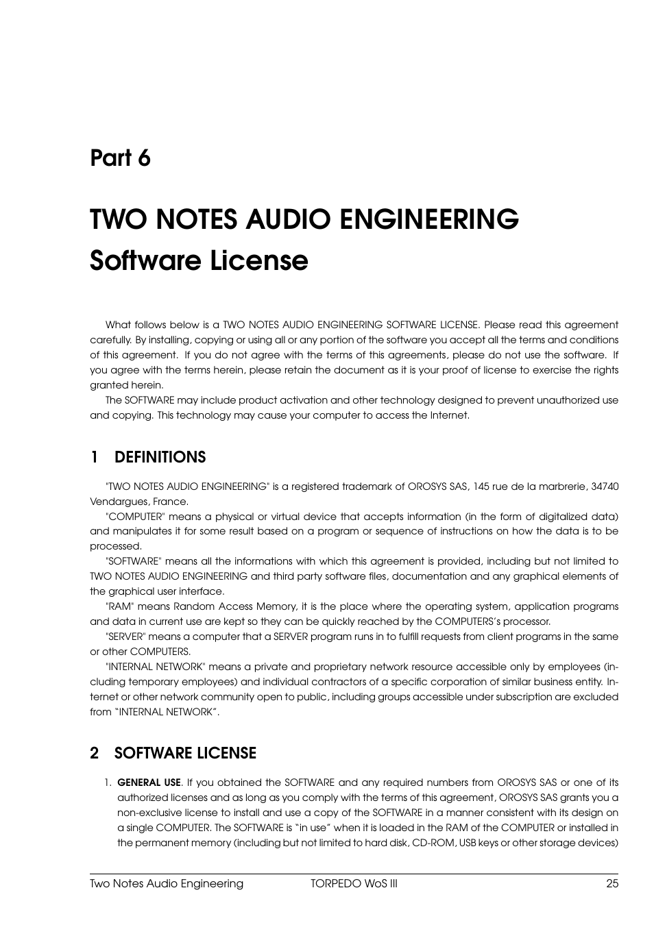 Two notes audio engineering software license, Definitions, Software license | 6 two notes audio engineering software license, Part 6, 1definitions, 2software license | Two Notes Wall of Sound III User Manual | Page 26 / 28