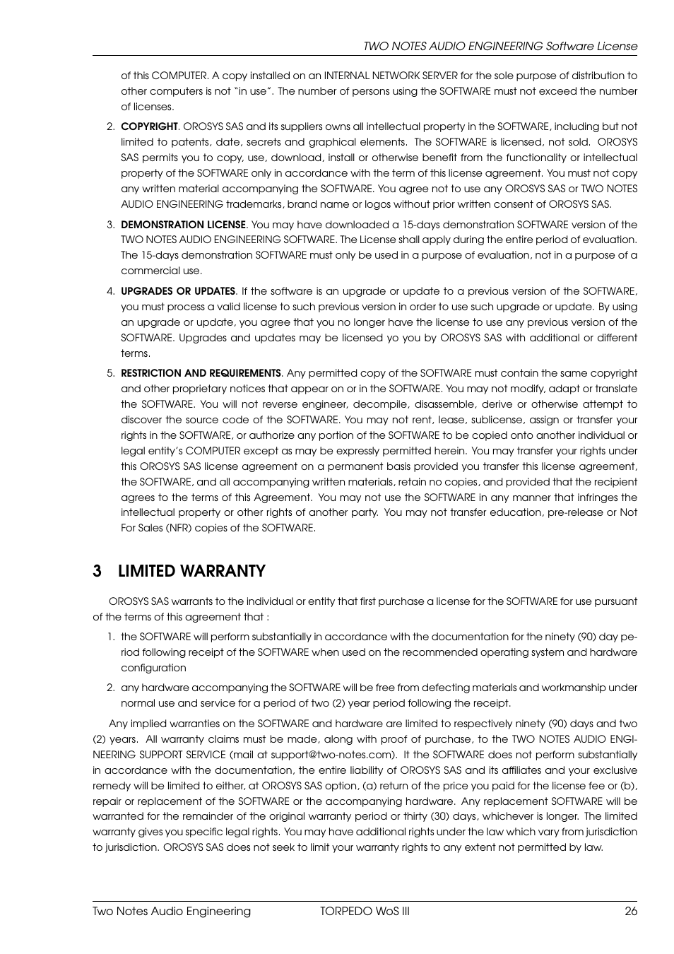 Limited warranty, 3limited warranty | Two Notes Wall of Sound III User Manual | Page 27 / 28