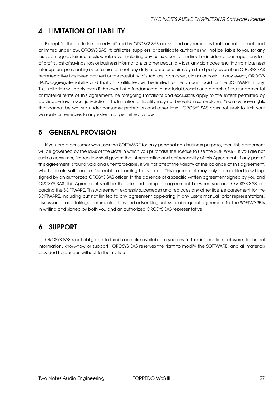 Limitation of liability, General provision, Support | 4limitation of liability, 5general provision, 6support | Two Notes Wall of Sound III User Manual | Page 28 / 28