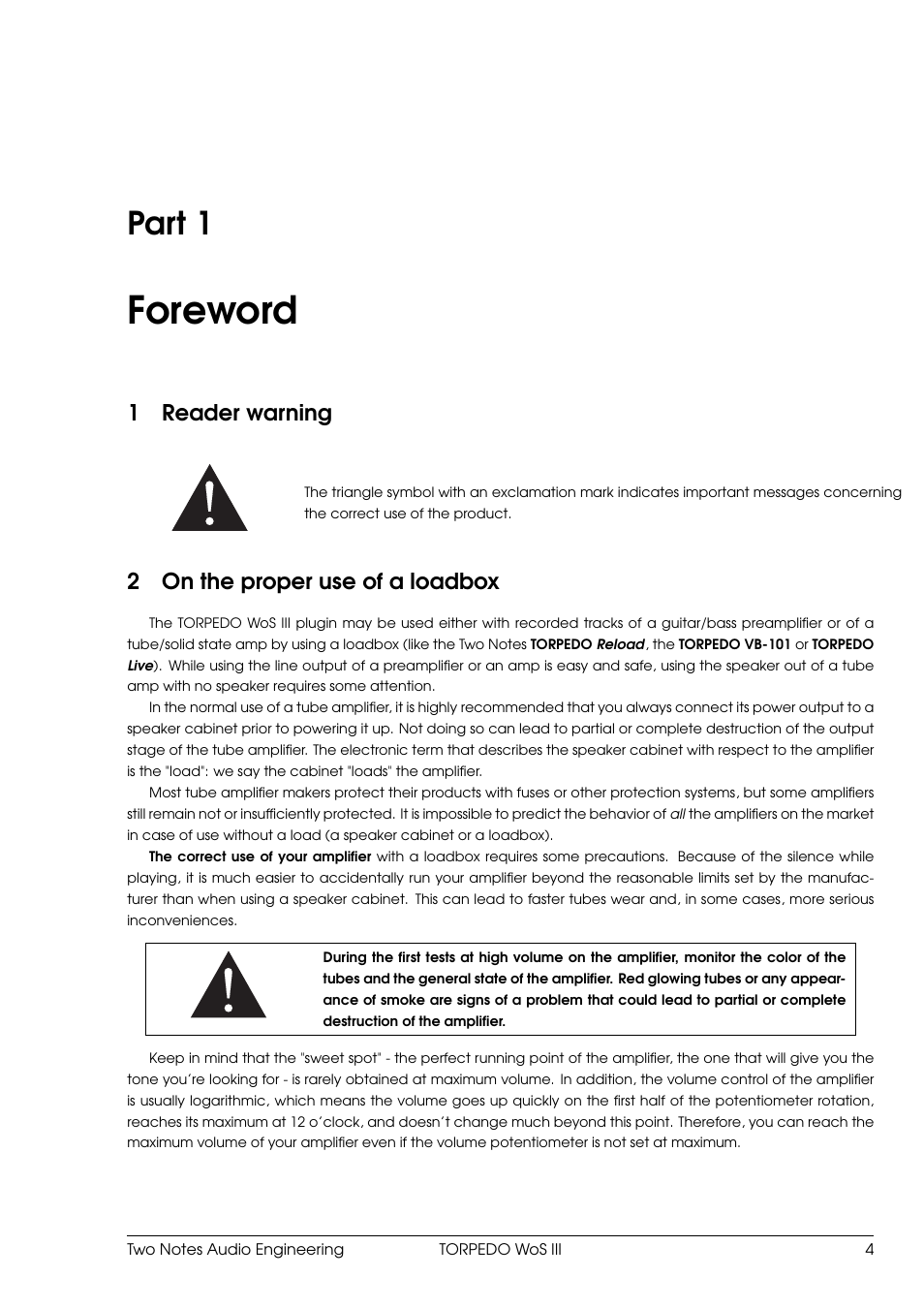 Foreword, Reader warning, On the proper use of a loadbox | 1 foreword, Part 1, 1reader warning, 2on the proper use of a loadbox | Two Notes Wall of Sound III User Manual | Page 5 / 28