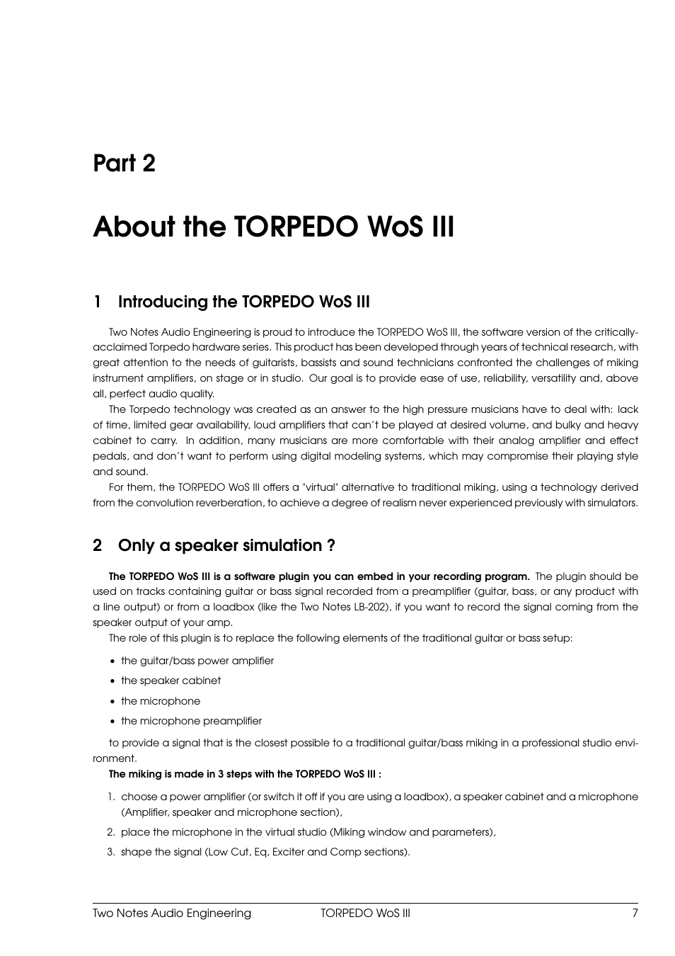 About the torpedo wos iii, Introducing the torpedo wos iii, Only a speaker simulation | 2 about the torpedo wos iii, Part 2, 1introducing the torpedo wos iii, 2only a speaker simulation | Two Notes Wall of Sound III User Manual | Page 8 / 28