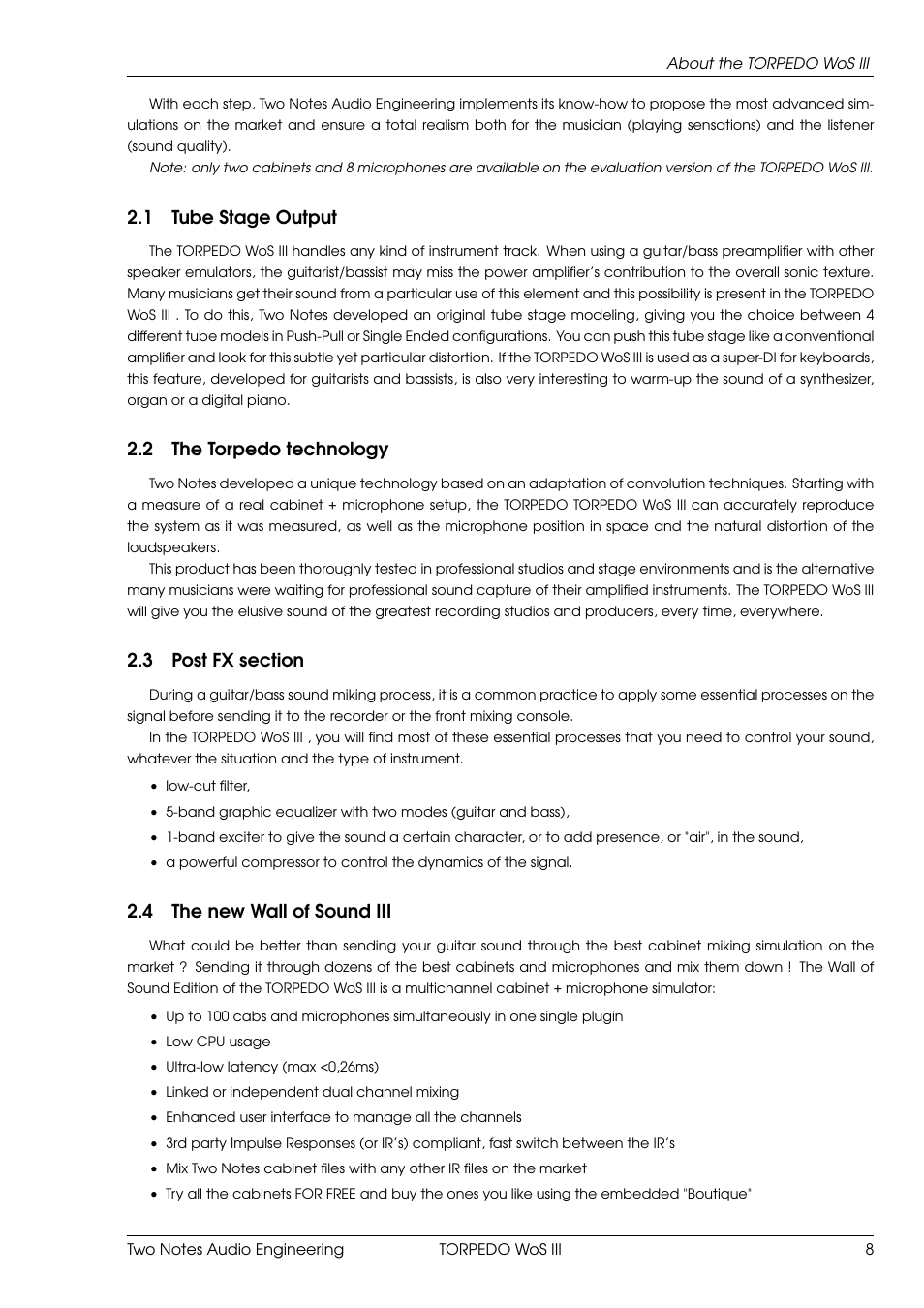 Tube stage output, The torpedo technology, Post fx section | The new wall of sound iii, 1 tube stage output, 2 the torpedo technology, 4 the new wall of sound iii | Two Notes Wall of Sound III User Manual | Page 9 / 28