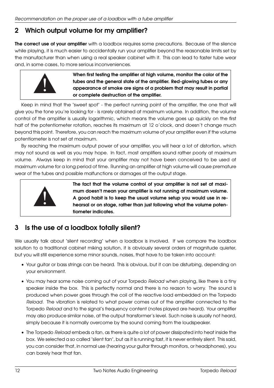 Which output volume for my amplifier, Is the use of a loadbox totally silent, 2which output volume for my amplifier | 3is the use of a loadbox totally silent | Two Notes Reload User Manual | Page 12 / 51