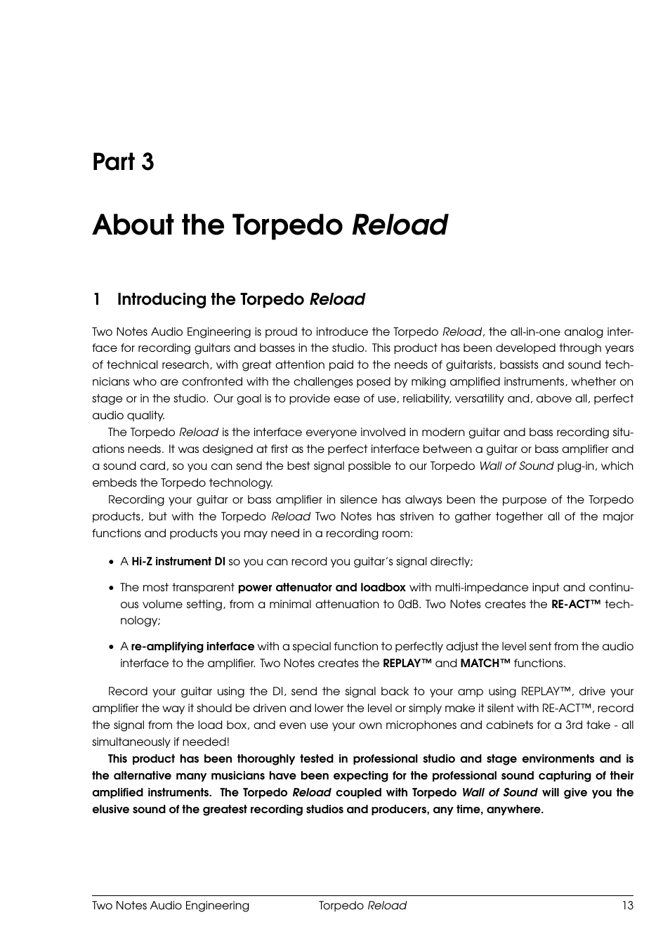 About the torpedo reload, Introducing the torpedo reload, 3 about the torpedo reload | Part 3, 1introducing the torpedo reload | Two Notes Reload User Manual | Page 13 / 51