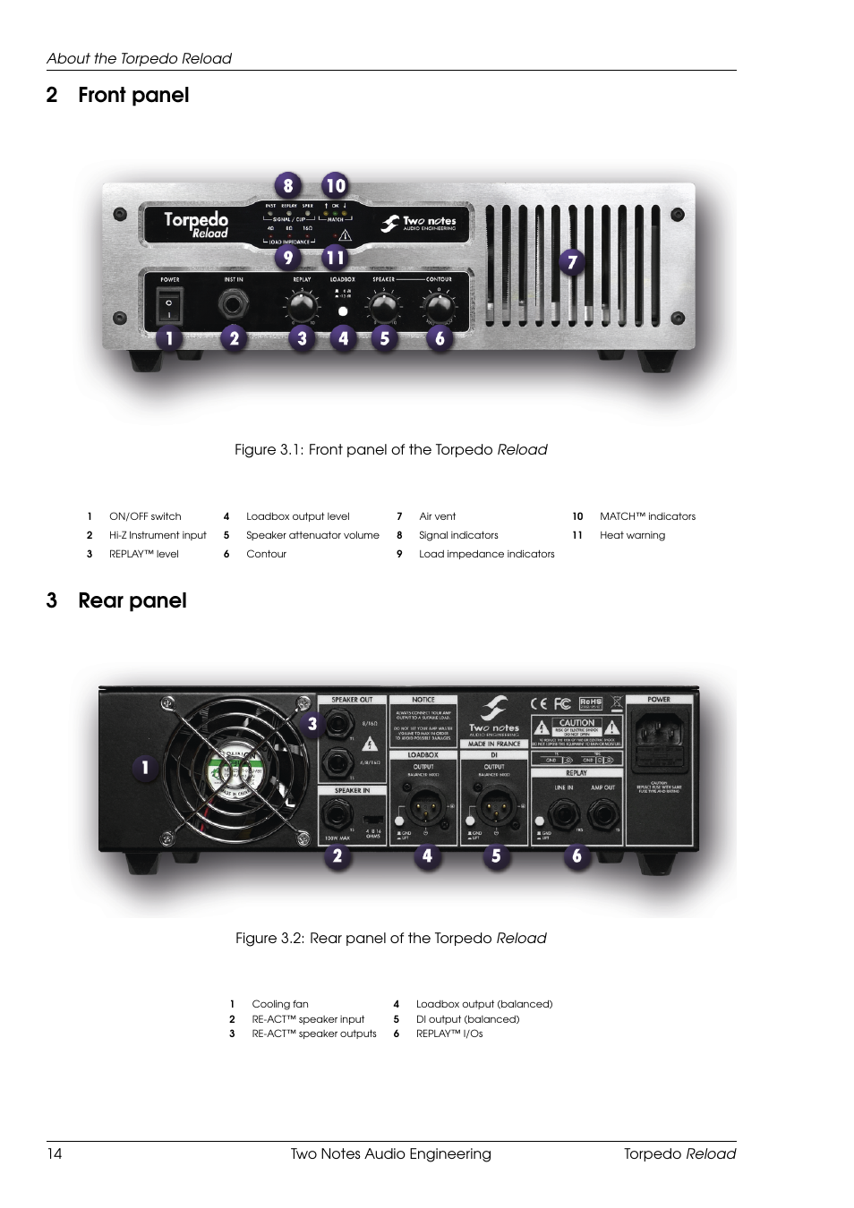 Front panel, Rear panel, 2front panel | 3rear panel | Two Notes Reload User Manual | Page 14 / 51