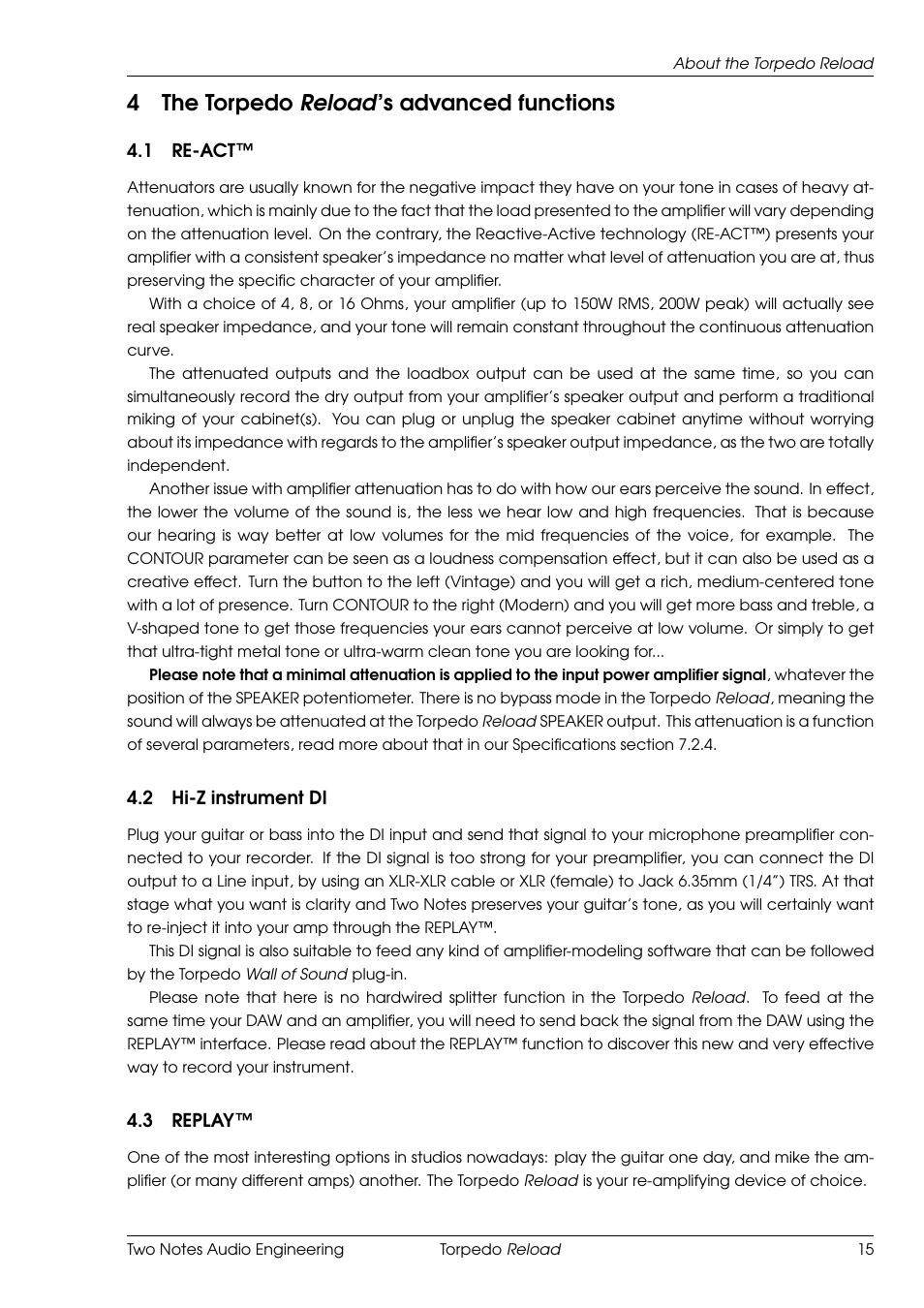 The torpedo reload's advanced functions, Re-act, Hi-z instrument di | Replay, The torpedo reload’s advanced functions, 4the torpedo reload’s advanced functions | Two Notes Reload User Manual | Page 15 / 51