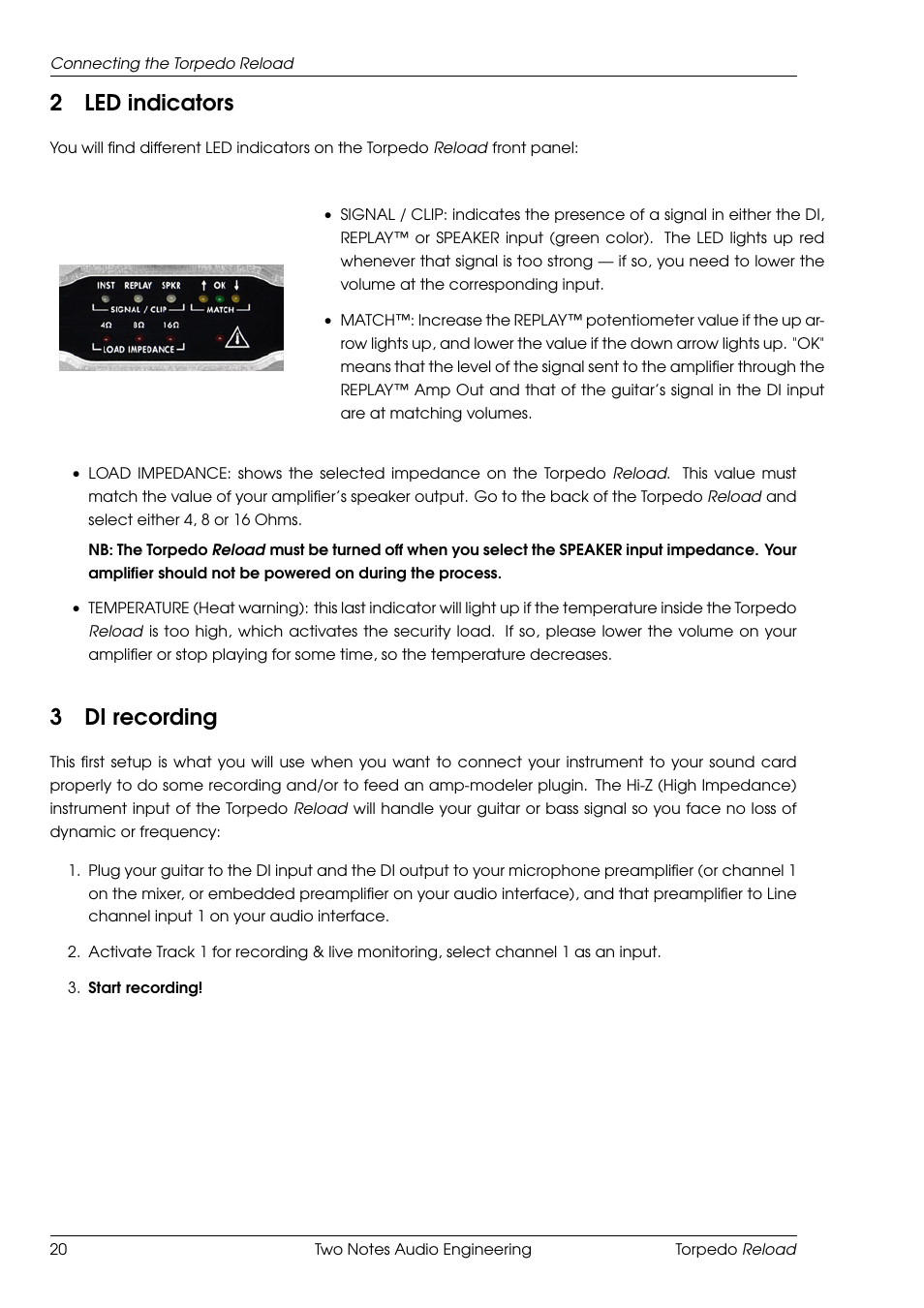 Led indicators, Di recording, 2led indicators | 3di recording | Two Notes Reload User Manual | Page 20 / 51