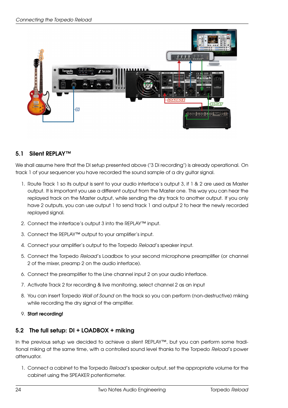 Silent replay, The full setup: di + loadbox + miking, 1 silent replay | 2 the full setup: di + loadbox + miking | Two Notes Reload User Manual | Page 24 / 51