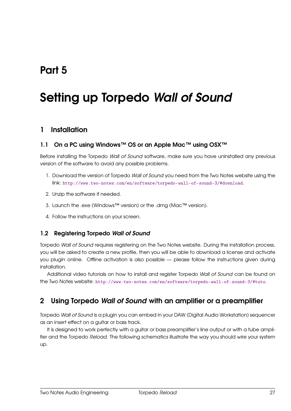 Setting up torpedo wall of sound, Installation, Registering torpedo wall of sound | 5 setting up torpedo wall of sound, Part 5, 1installation | Two Notes Reload User Manual | Page 27 / 51