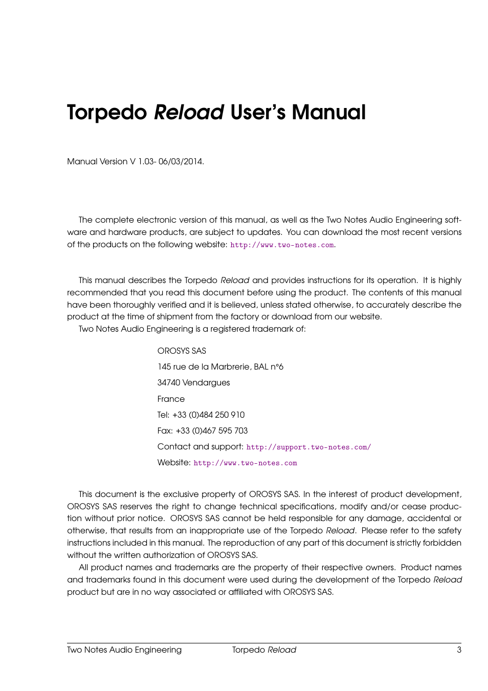 Torpedo reload user’s manual | Two Notes Reload User Manual | Page 3 / 51