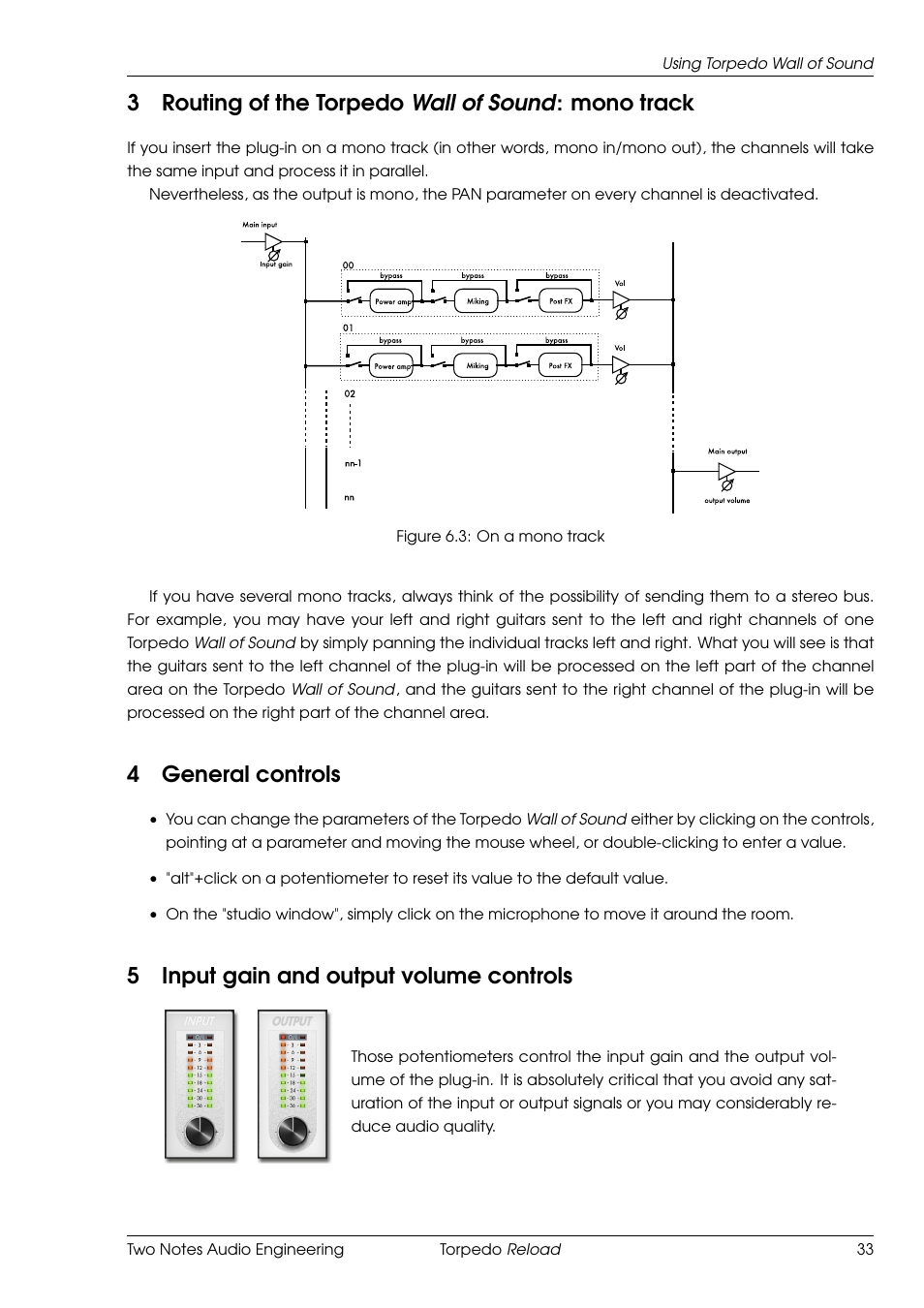 Routing of the torpedo wall of sound: mono track, General controls, Input gain and output volume controls | 3routing of the torpedo wall of sound: mono track, 4general controls, 5input gain and output volume controls | Two Notes Reload User Manual | Page 33 / 51