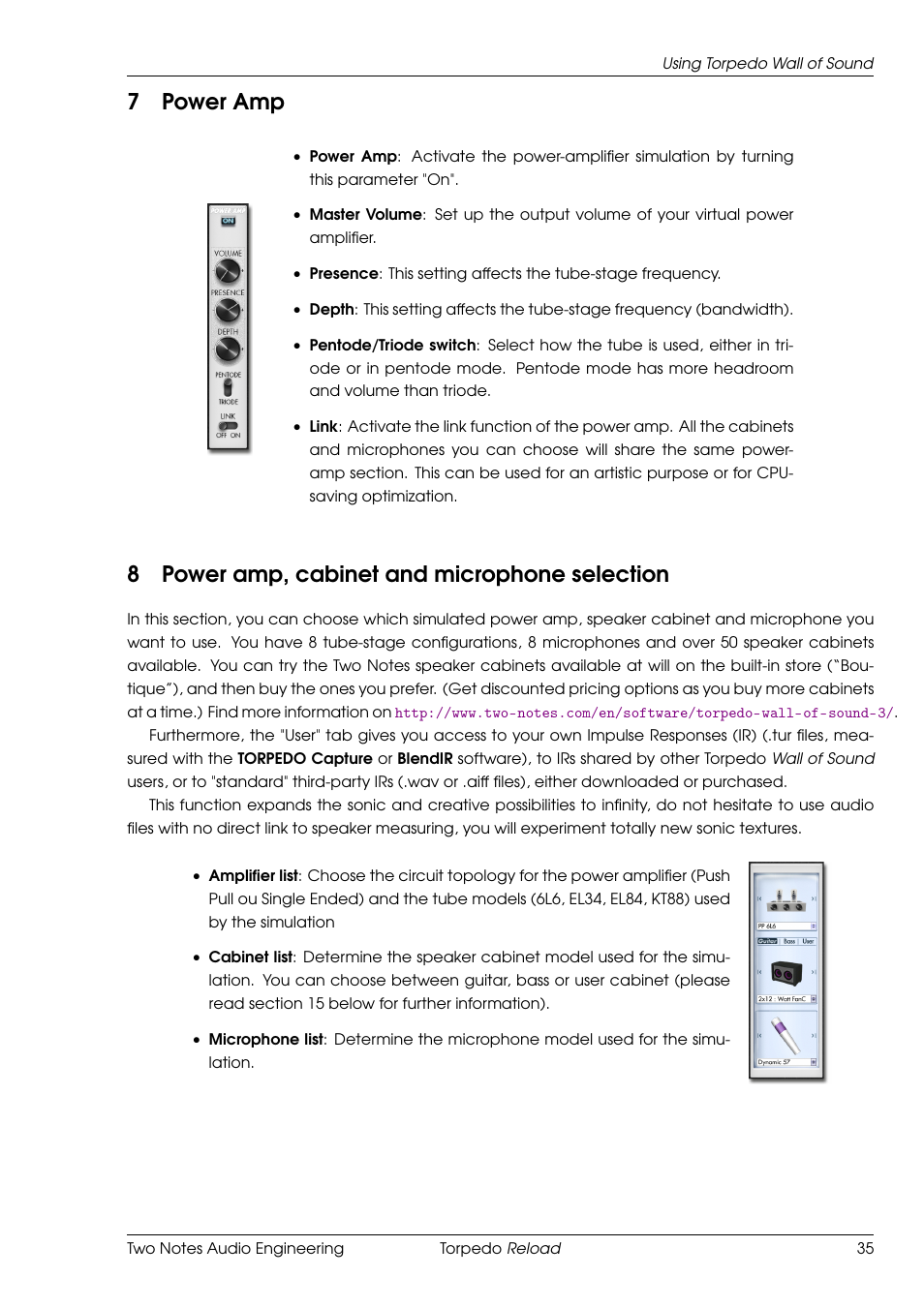 Power amp, Power amp, cabinet and microphone selection, 7power amp | 8power amp, cabinet and microphone selection | Two Notes Reload User Manual | Page 35 / 51