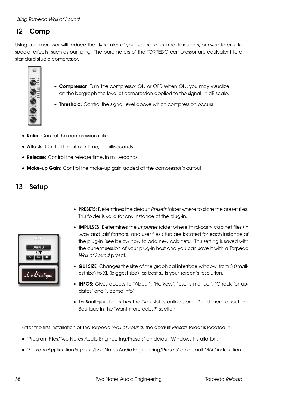 Comp, Setup, 12 comp | 13 setup | Two Notes Reload User Manual | Page 38 / 51