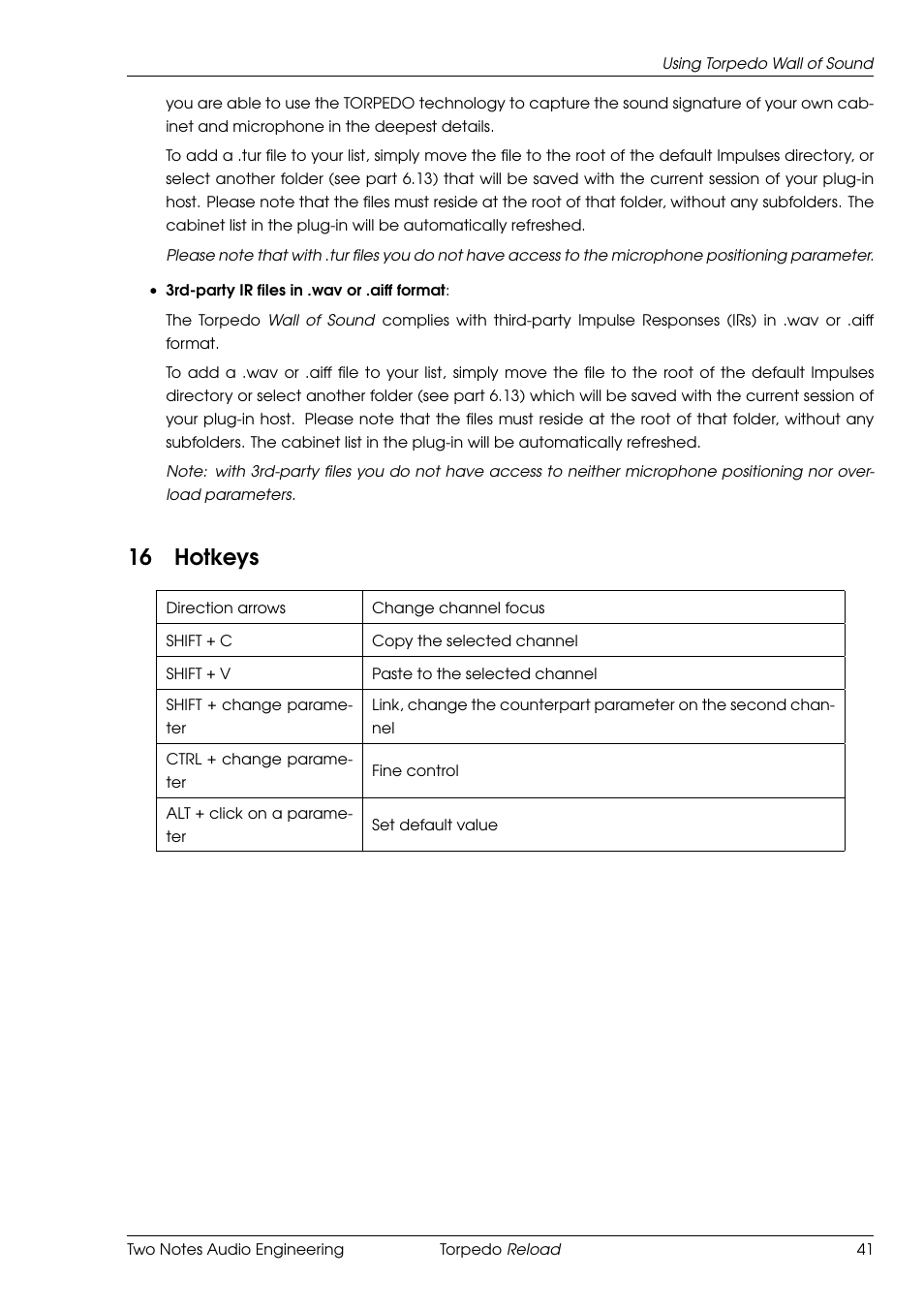 Hotkeys, 16 hotkeys | Two Notes Reload User Manual | Page 41 / 51