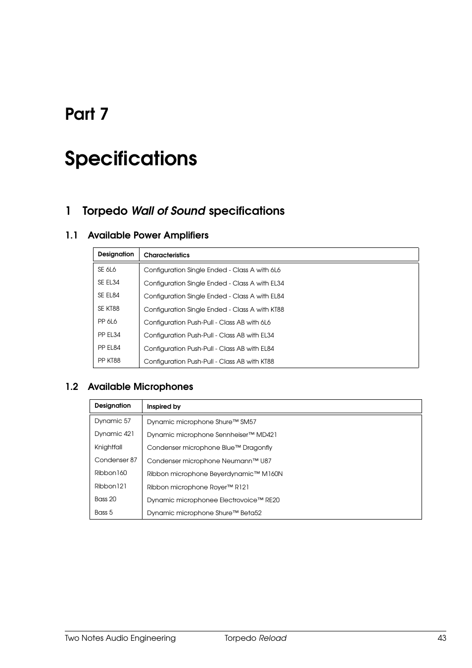 Specifications, Torpedo wall of sound specifications, Available power amplifiers | Available microphones, 7 specifications, Part 7, 1torpedo wall of sound specifications, 1 available power amplifiers, 2 available microphones | Two Notes Reload User Manual | Page 43 / 51