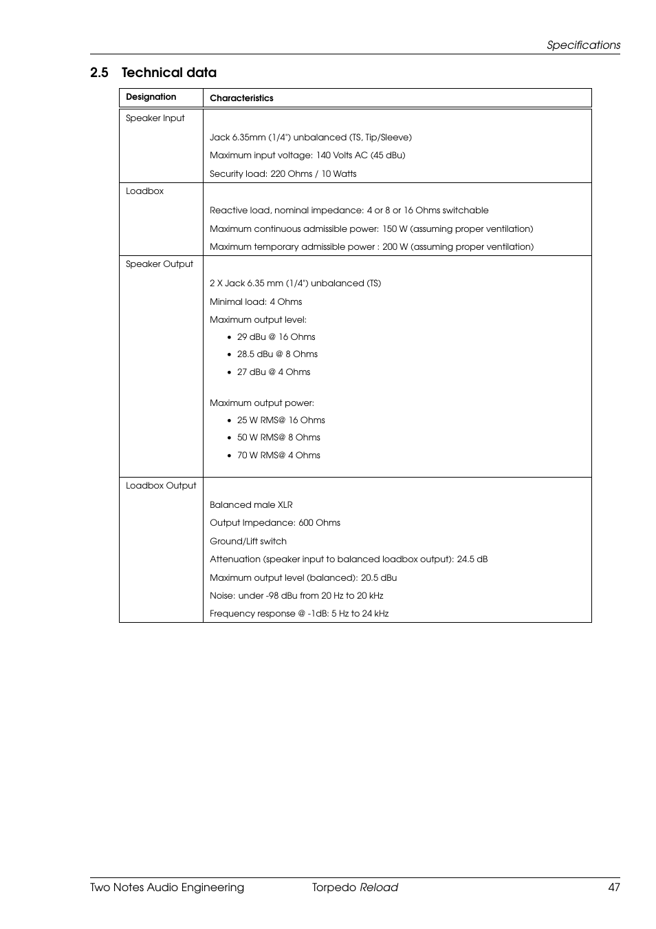 Technical data, 5 technical data | Two Notes Reload User Manual | Page 47 / 51