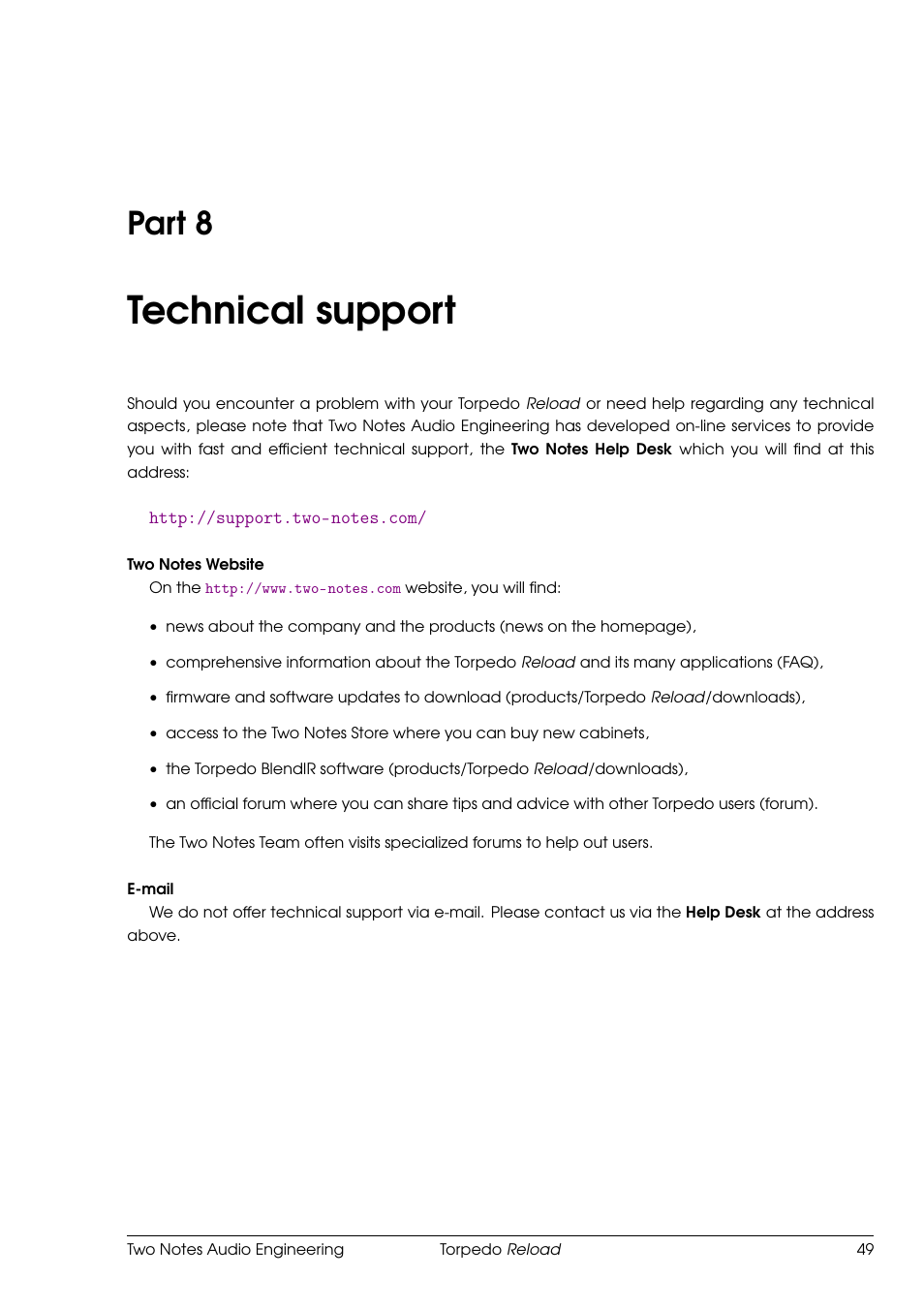 Technical support, 8 technical support, Part 8 | Two Notes Reload User Manual | Page 49 / 51