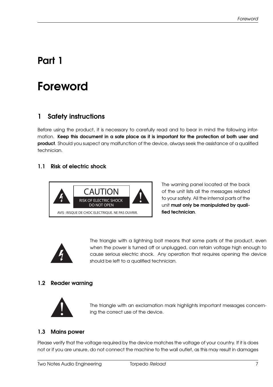 Foreword, Safety instructions, Risk of electric shock | Reader warning, Mains power, 1 foreword, Part 1, Caution, 1safety instructions | Two Notes Reload User Manual | Page 7 / 51